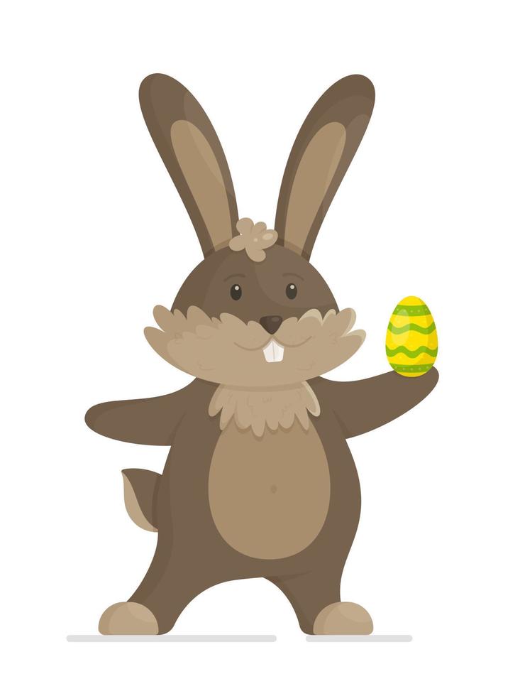 Posing bunny with an Easter egg in his paw. Vector illustration of a cute animal isolated on a white background. Easter.