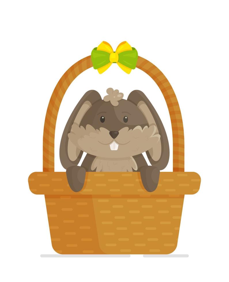 A happy bunny sitting in a basket. Vector illustration of an Easter bunny. A trip to church. Easter 2022.