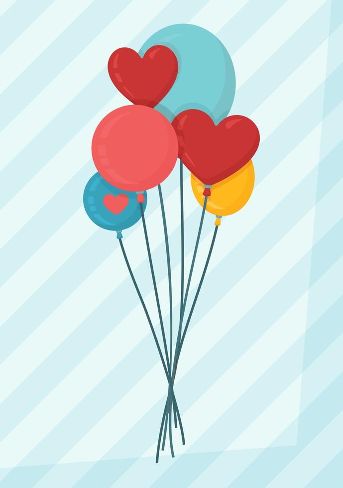 A bunch of helium balloons with hearts. Vector illustration of Valentine's Day greetings.  Red and blue balloons on striped background.