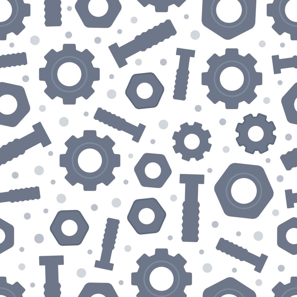 Pattern of bolts, nuts, gears on white background. Vector illustration of tool print. Screw in, repair.