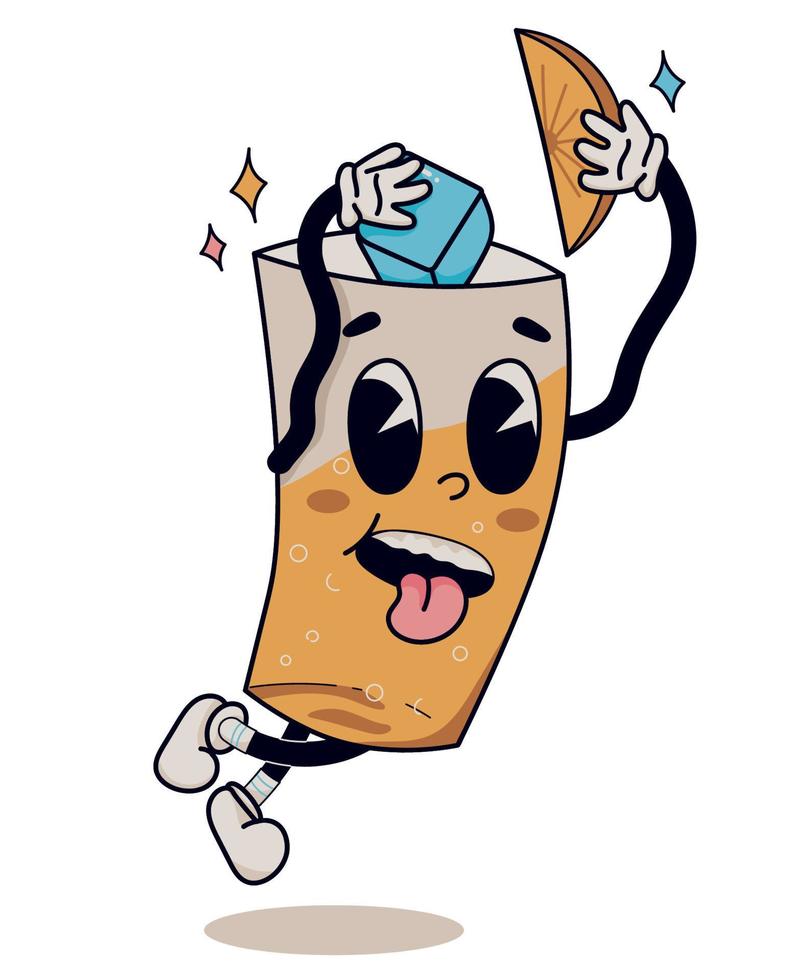 Retro cartoon groovy lemonade sticker isolated on a white background. Funny contemporary character with big eyes and wearing gloves. Grunge doodle 1930s vintage comic drink glass with lemon and ice. vector