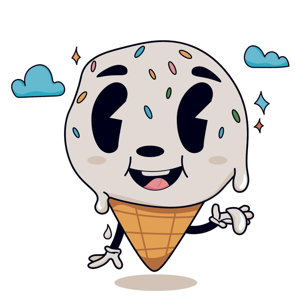 helado de dibujos animados retro aislado sobre fondo blanco. pegatina retro maravillosa con un divertido personaje de cómic moderno con guantes blancos. doodle grunge vintage 1930 cómic dibujos animados postre vector