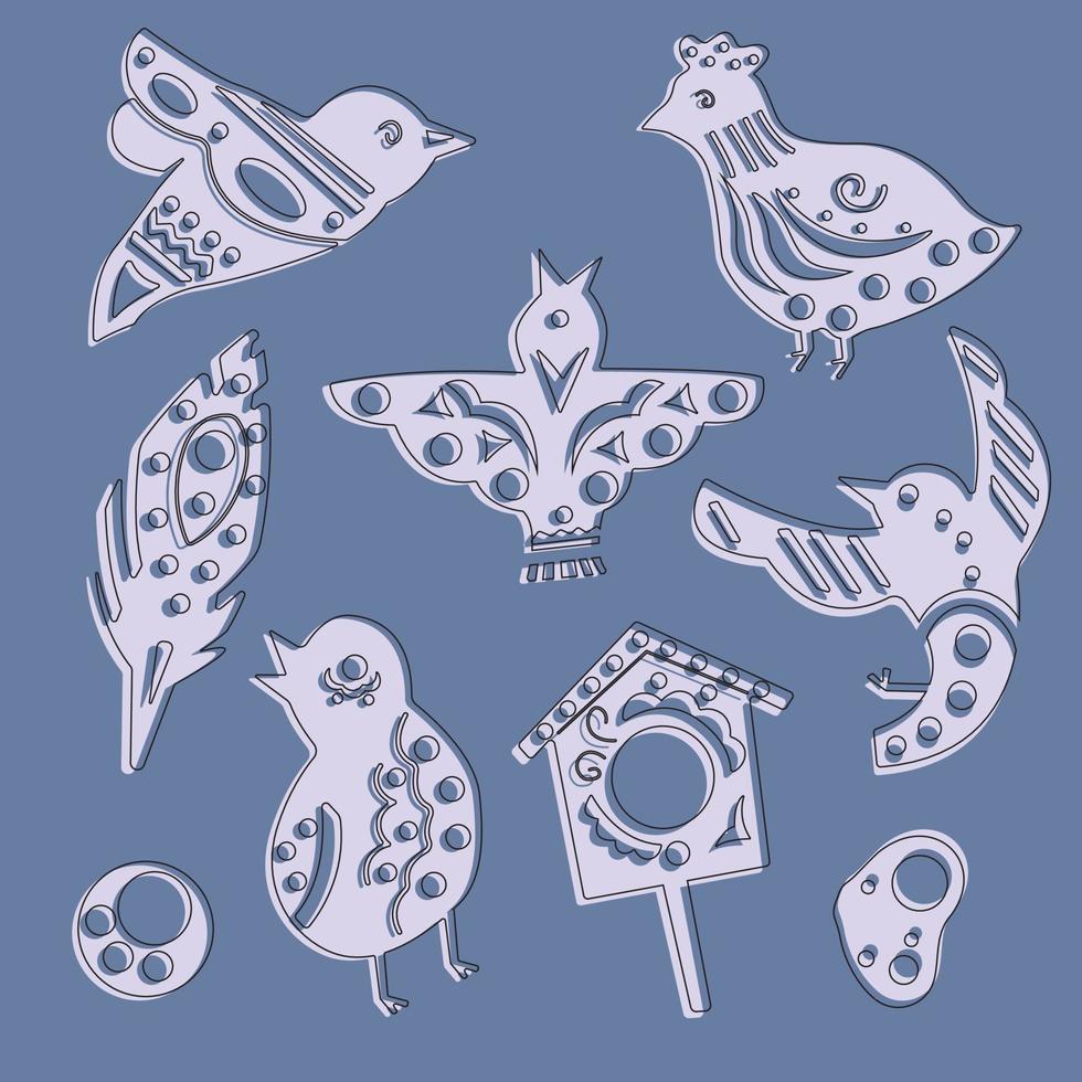 conjunto de pájaros escandinavos, plumas y pajareras. pájaros de garabatos hygge para postales, invitaciones de boda, web, papel de envolver, blocs de notas, textiles vector