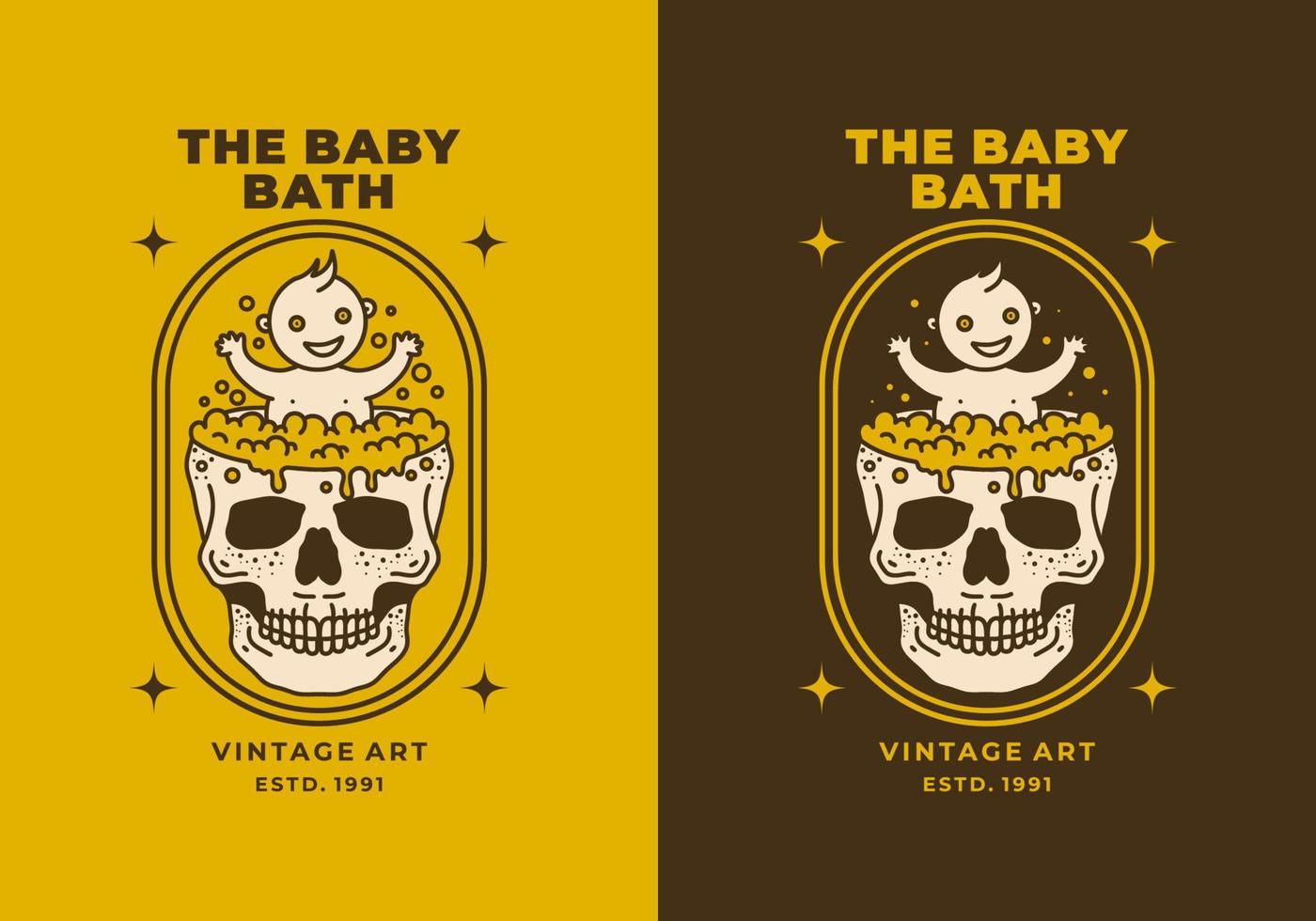 ilustración de arte vintage de un baño de bebé en el estanque del cráneo vector