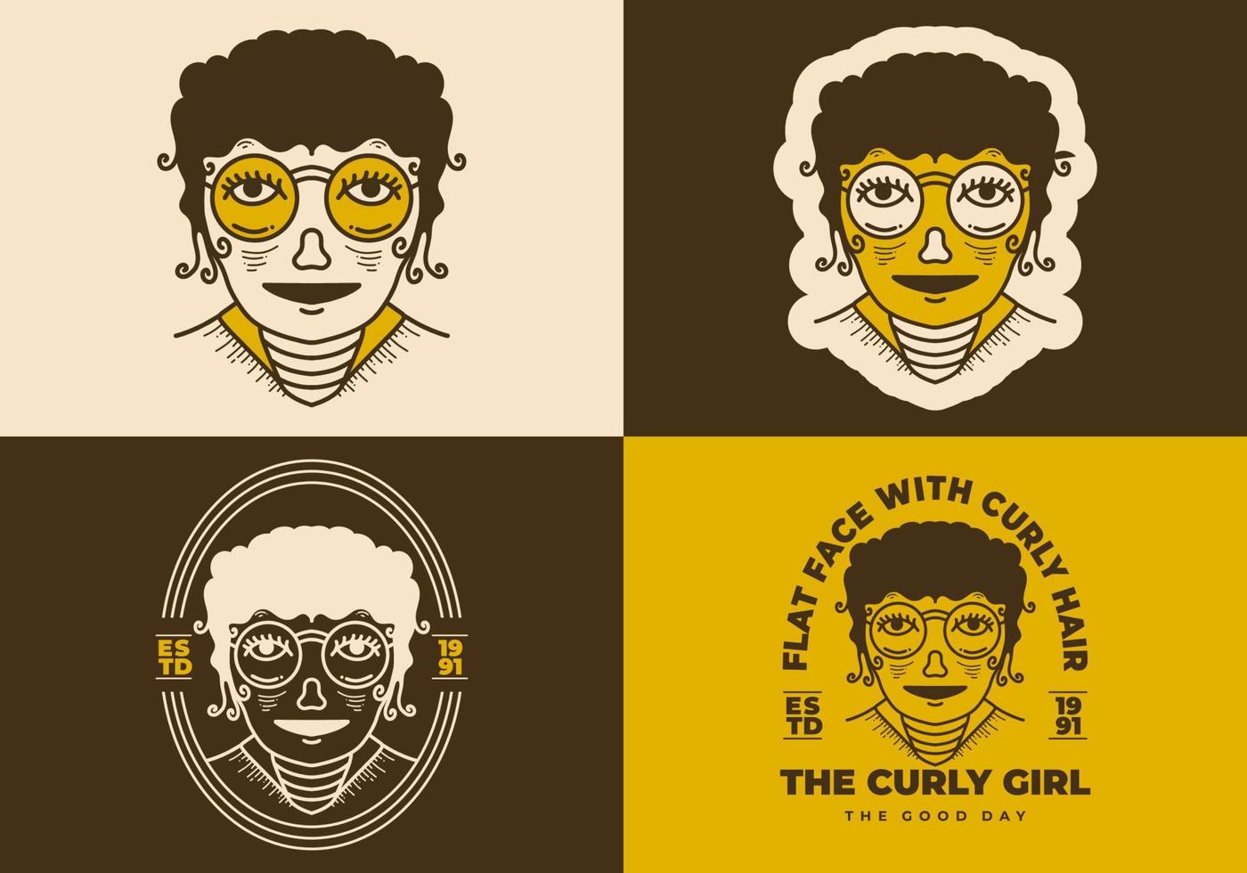 Vintage art illustration of a curly girl face wearing big round glasses vector
