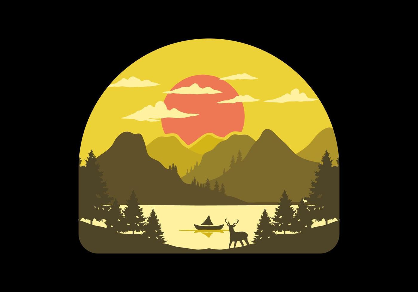 Landscape of the mountain view behind the lake with many pine trees and a deer vector