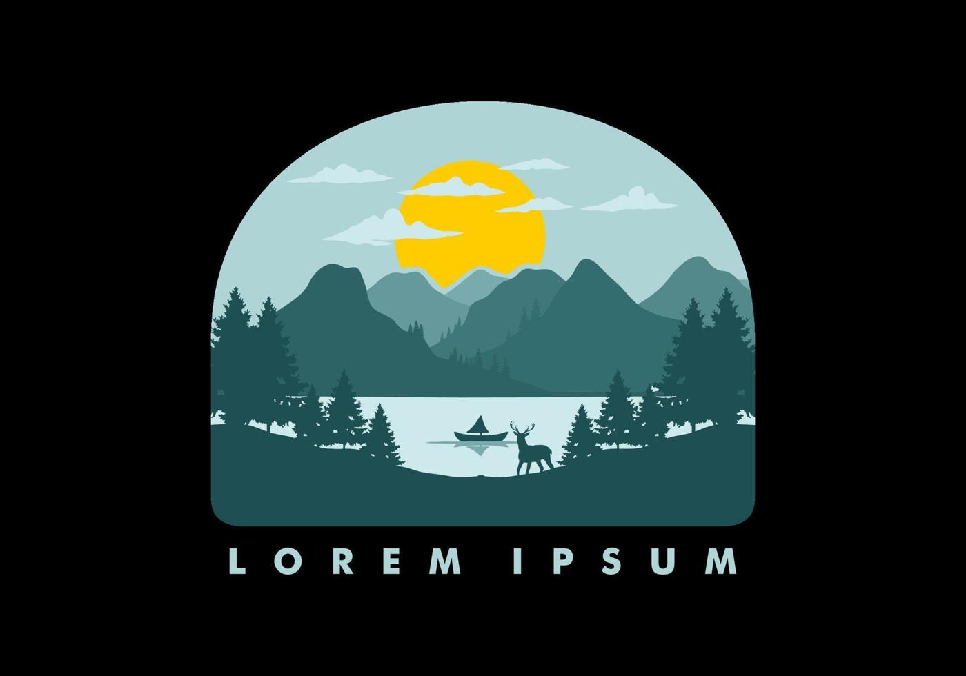 Landscape of the mountain view behind the lake with many pine trees and a deer vector