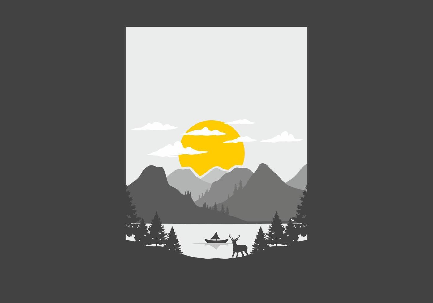 Landscape of the mountain view behind the lake with many pine trees and a deer vector