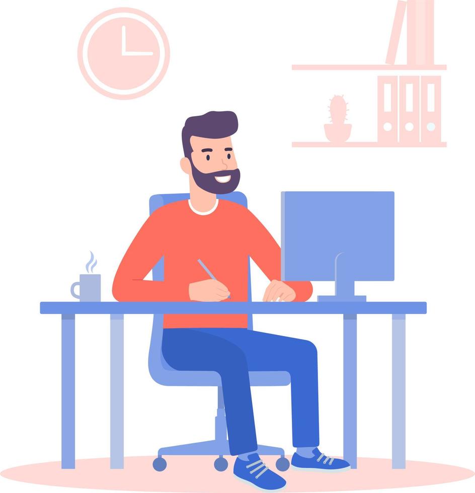 Man working on computer. Flat style color modern vector illustration.