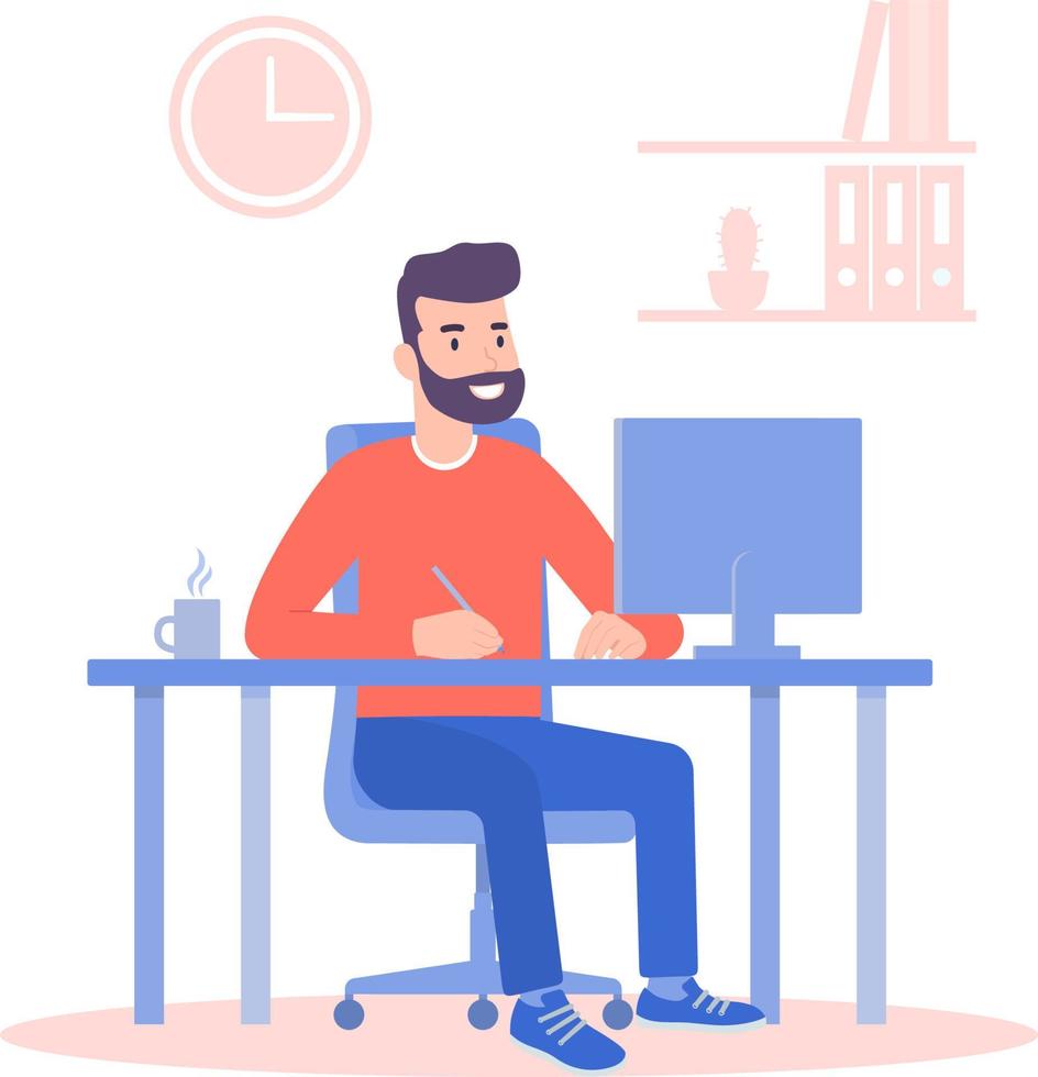 hombre trabajando en computadora. ilustración de vector moderno de color de estilo plano.