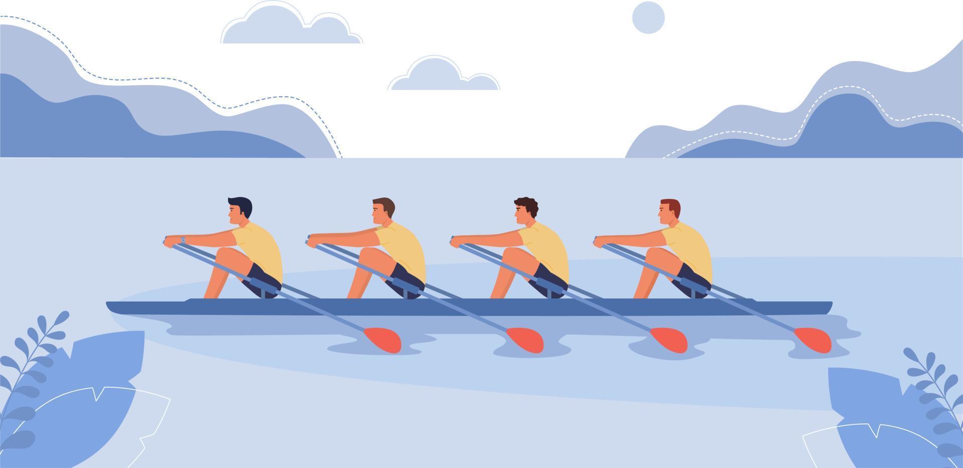 cuatro atletas nadan en un bote. el concepto de competiciones de remo. ilustración vectorial, estilo de dibujos animados. vector