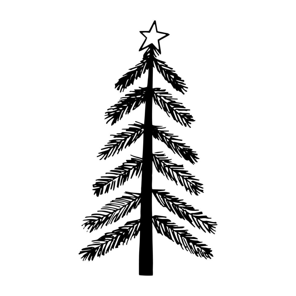 árbol de navidad dibujado a mano en estilo garabato. silueta, simple, minimalismo, monocromo, escandinavo. pegatina, icono de decoración de año nuevo vector