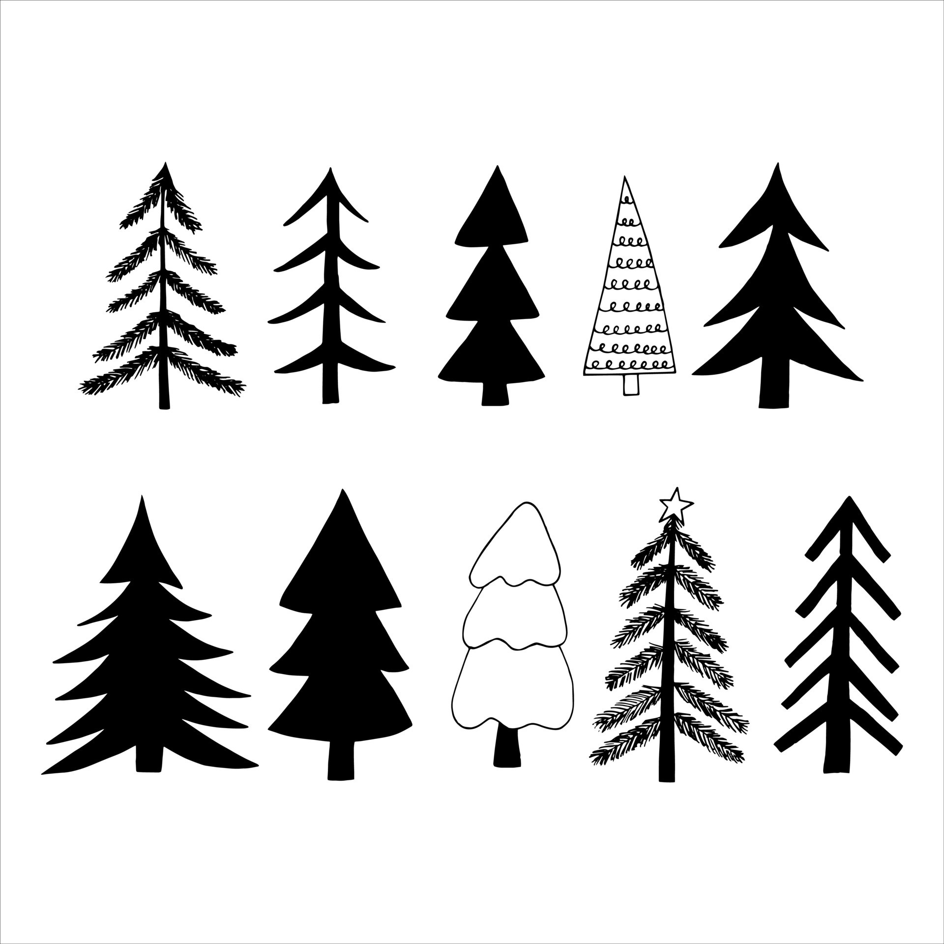 christmas tree set hand drawn in doodle style. silhouette, simple ...