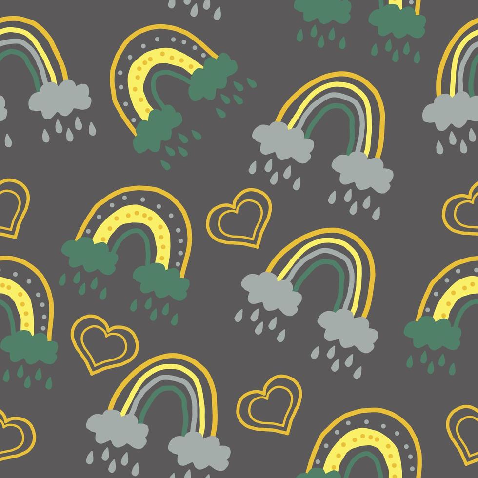 abstract rainbow and hearts seamless pattern. hand drawn in boho style. trendy colors 2021. doodle. textiles, nursery room decor, wallpaper, wrapping paper vector