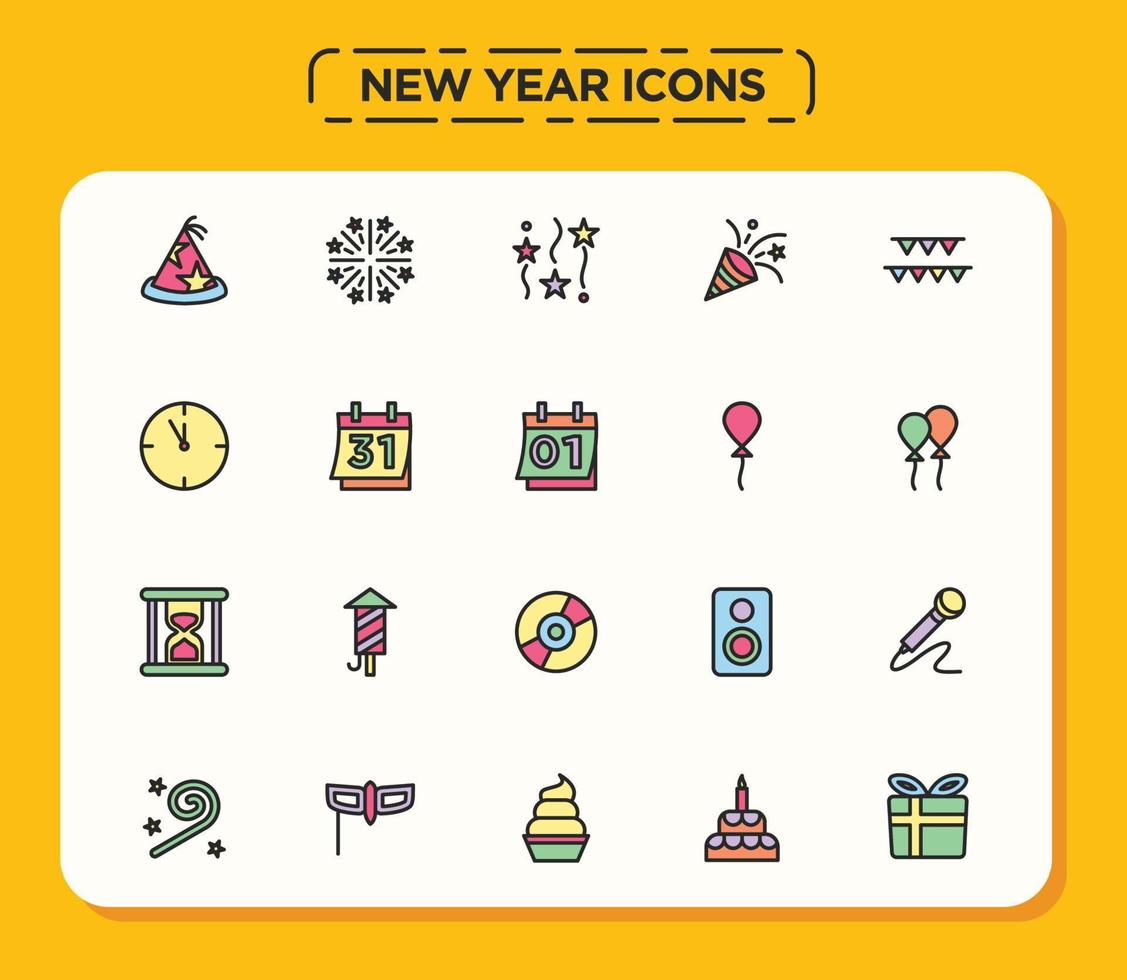 conjunto de iconos de año nuevo estilo de línea llena vector