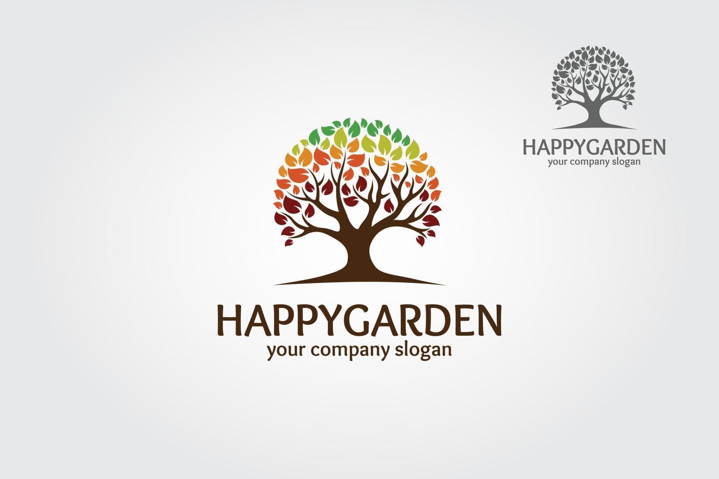 plantilla de logotipo de vector de jardín feliz. este logo aislado en un fondo blanco. ilustración del logotipo del vector del árbol del arco iris.