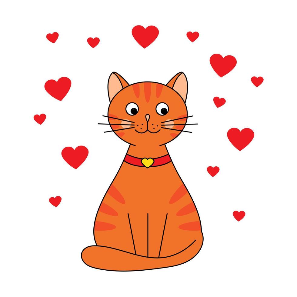 lindo gato rojo con corazones. gato enamorado. postal para el día de san valentín. ilustración vectorial aislado sobre fondo blanco vector