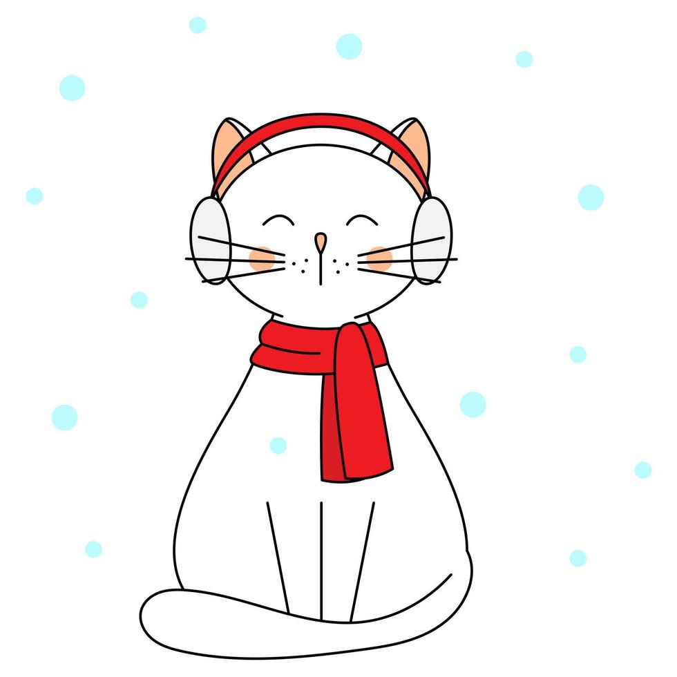 lindo gato de dibujos animados con ropa cálida de invierno. vestido con auriculares y una bufanda. animales encantadores. ilustración vectorial vector