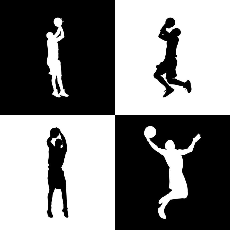 silhouette of basketball player with ball shooting dunk vector