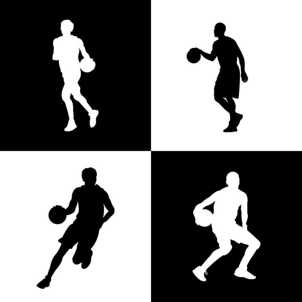 silhouette of basketball player with ball dribbling vector