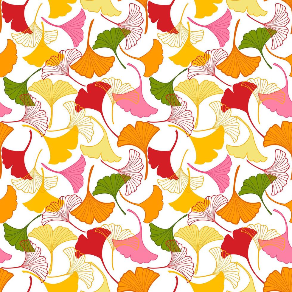 patrón vectorial sin costuras con hojas de ginkgo amarillas y rosas cayendo, dibujo abstracto de hojas de otoño sobre fondo blanco para la impresión de textiles de tela de moda, papel tapiz y envoltura de papel vector
