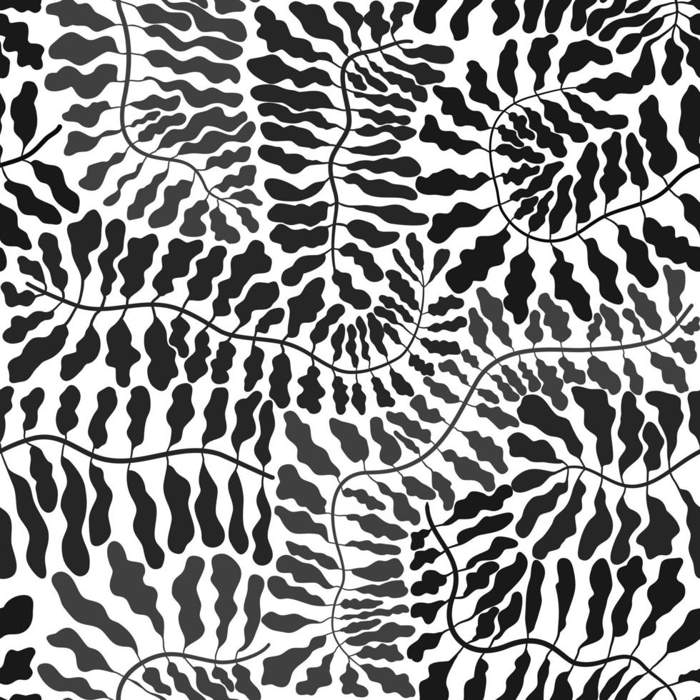 Vector seamless pattern with black leaves branches, illustration abstract leaf drawing on white background for fashion fabric textiles printing, wallpaper and paper wrapping