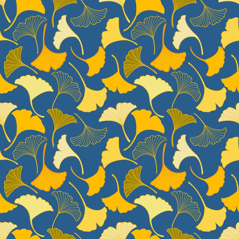 Vector seamless pattern with yellow and green ginkgo leaves falling, illustration abstract autumn leaf drawing on blue background for fashion fabric textiles printing, wallpaper and paper wrapping