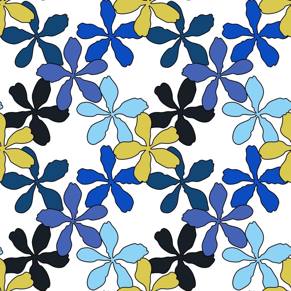 Vector seamless pattern with yellow and blue petal spring flower blossom, illustration abstract flora drawing on white background for fashion fabric textiles printing, wallpaper and paper wrapping