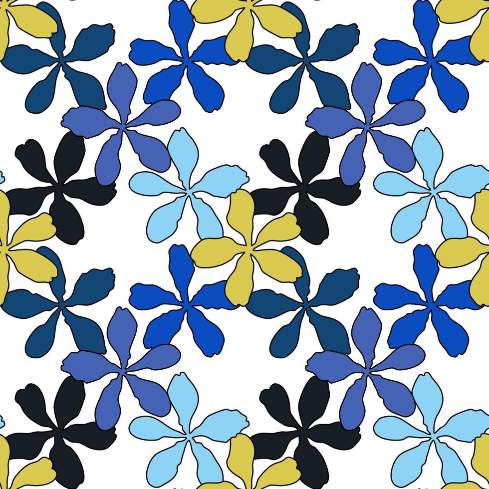 patrón vectorial sin costuras con flor de primavera de pétalos amarillos y azules, dibujo de flora abstracta de ilustración sobre fondo blanco para la impresión de textiles de tela de moda, papel tapiz y envoltura de papel vector