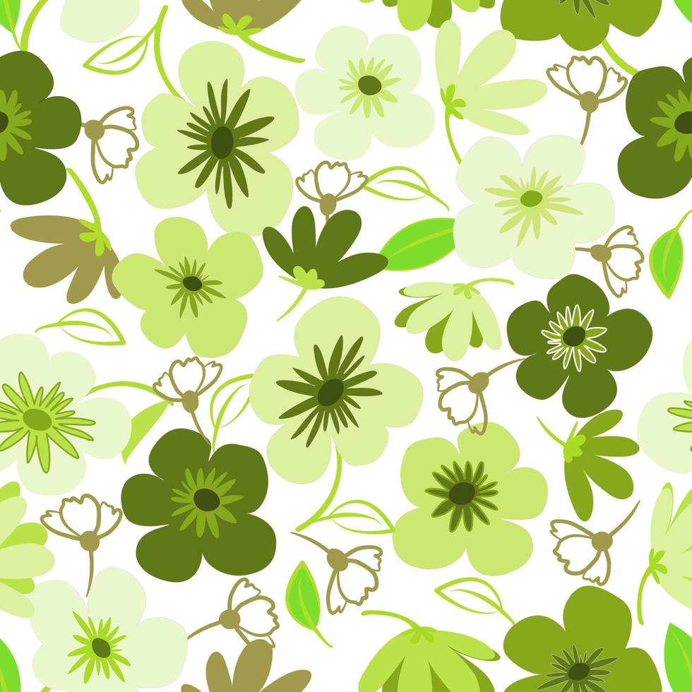 Green daisy petal spring flower blossom vector seamless pattern, abstract flora illustration drawing on white background for fashion fabric textiles printing, wallpaper and paper wrapping