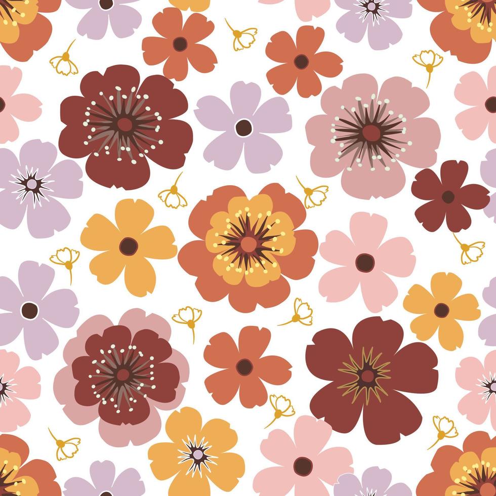 Orang brown daisy petal spring flower blossom vector seamless pattern, abstract flora illustration drawing on white background for fashion fabric textiles printing, wallpaper and paper wrapping