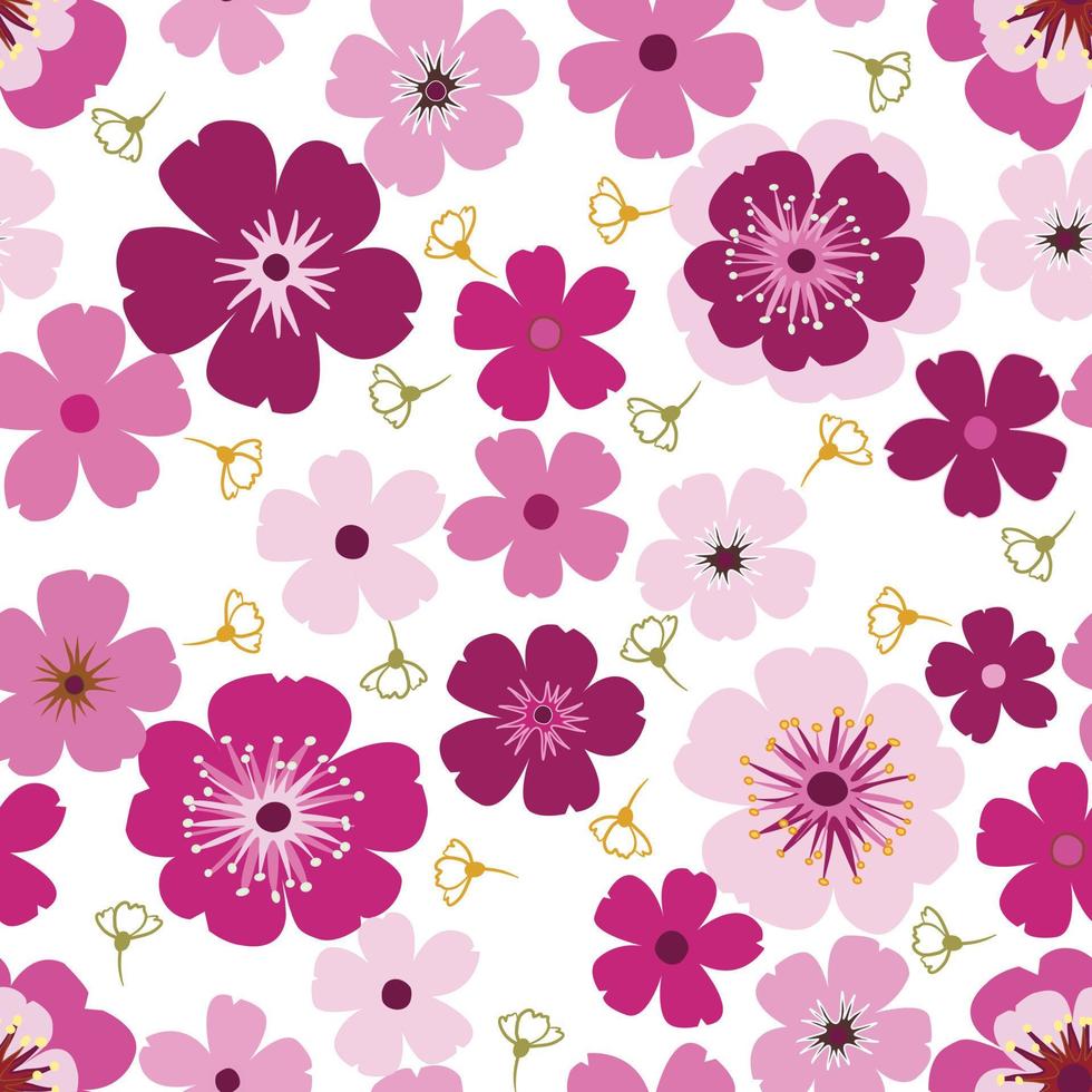 Pink daisy petal spring flower blossom vector seamless pattern, abstract flora illustration drawing on white background for fashion fabric textiles printing, wallpaper and paper wrapping