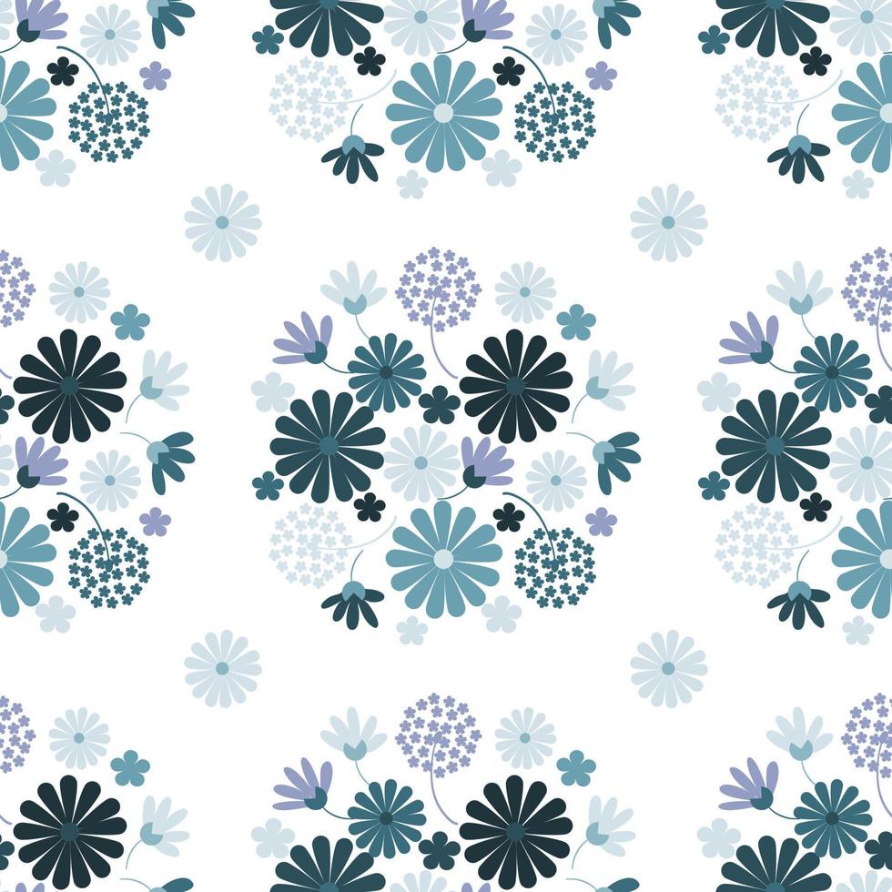 Pastel blue daisy petal spring flower blossom vector seamless pattern, abstract flora illustration drawing on white background for fashion fabric textiles printing, wallpaper and paper wrapping