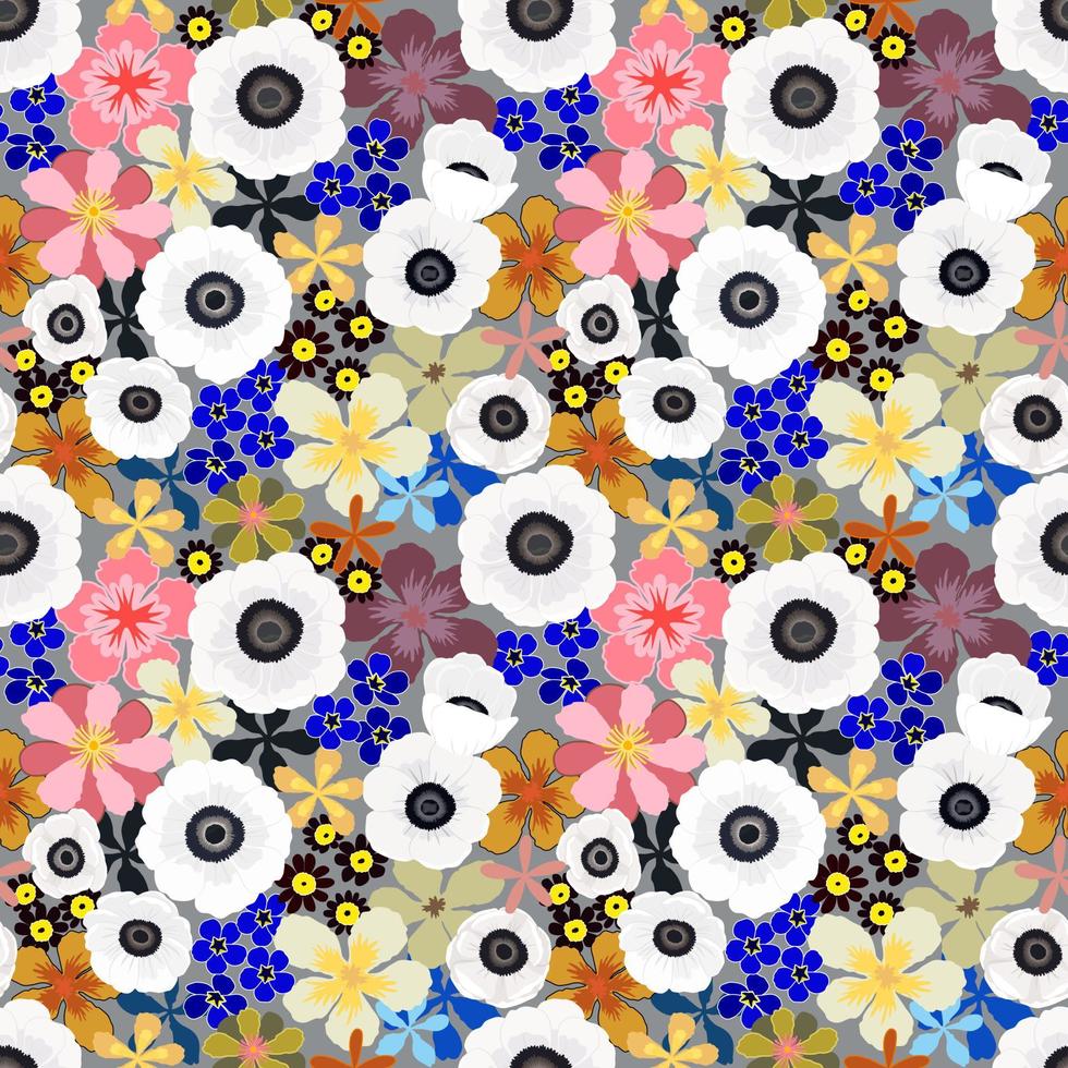 Vector seamless pattern with white petal Anemone spring flower blossom, illustration abstract flora drawing on blue background for fashion fabric textiles printing, wallpaper and paper wrapping