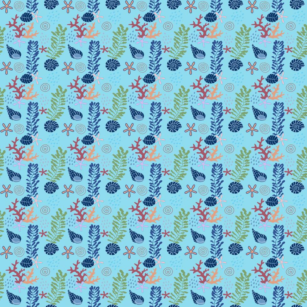 Vector seamless repeat pattern drawing of seashell, coral, starfish, under ocean on blue background for fashion fabric textiles, wallpaper printed, paper wrapping