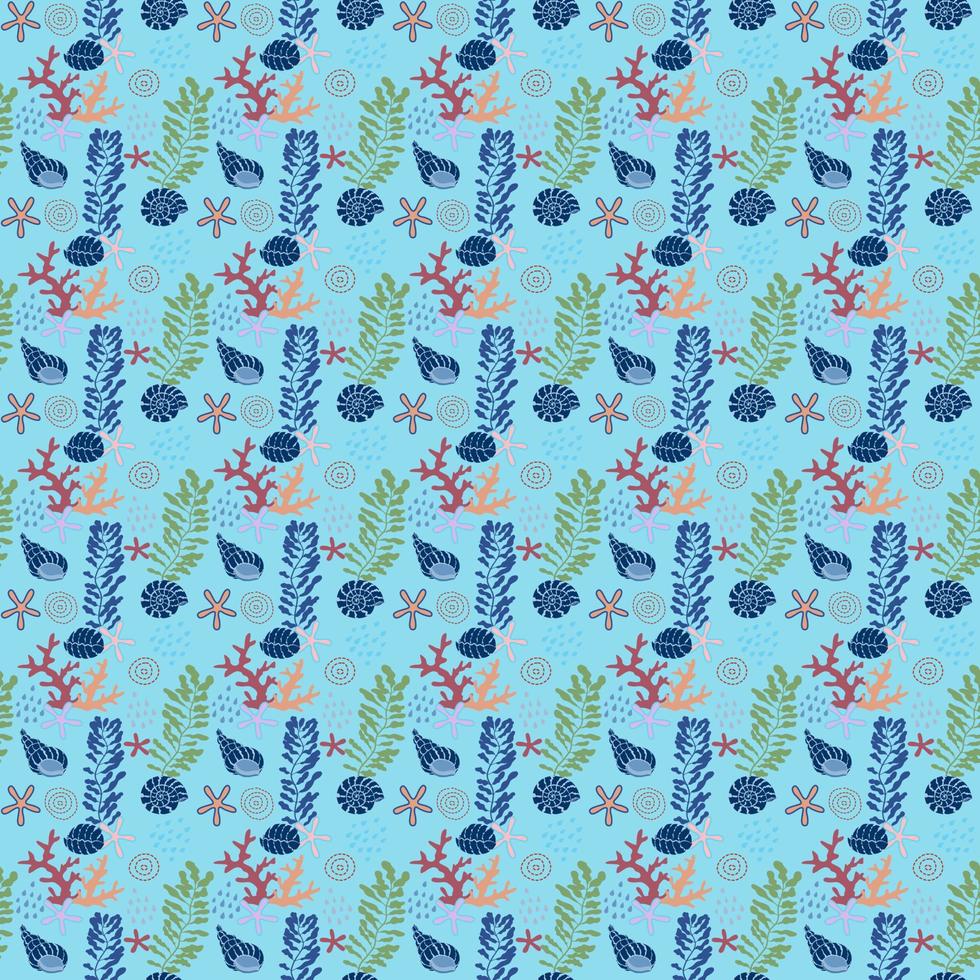 Vector seamless repeat pattern drawing of seashell, coral, starfish, under ocean on blue background for fashion fabric textiles, wallpaper printed, paper wrapping