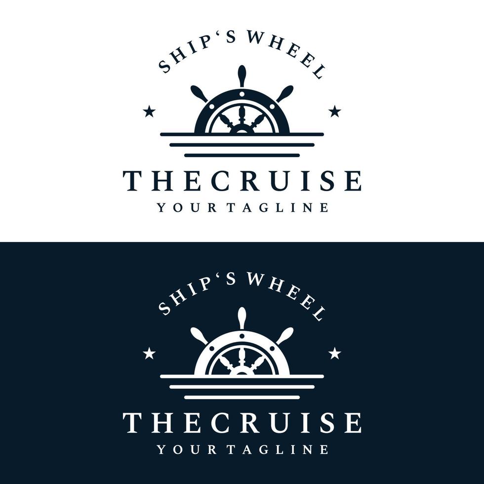 diseño de plantilla de logotipo de timón de crucero con ondas retro, cuerdas y anclas. logo para negocios, marineros, vela. vector