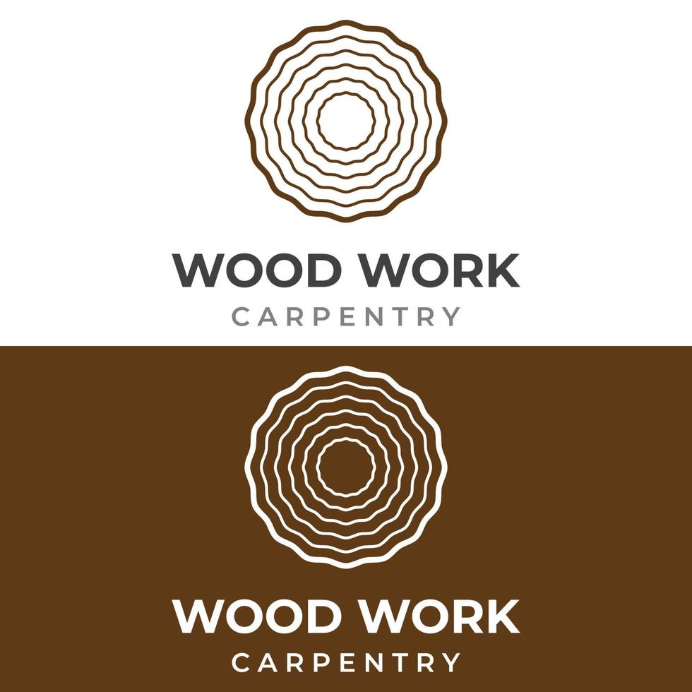 Creative design of wood and natural fiber logo, carpenter and wood plank with saw craftsman tool. Vector illustration.