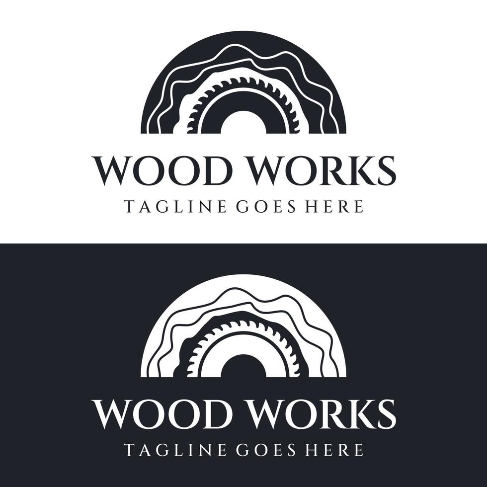 Creative design of wood and natural fiber logo, carpenter and wood plank with saw craftsman tool. Vector illustration.