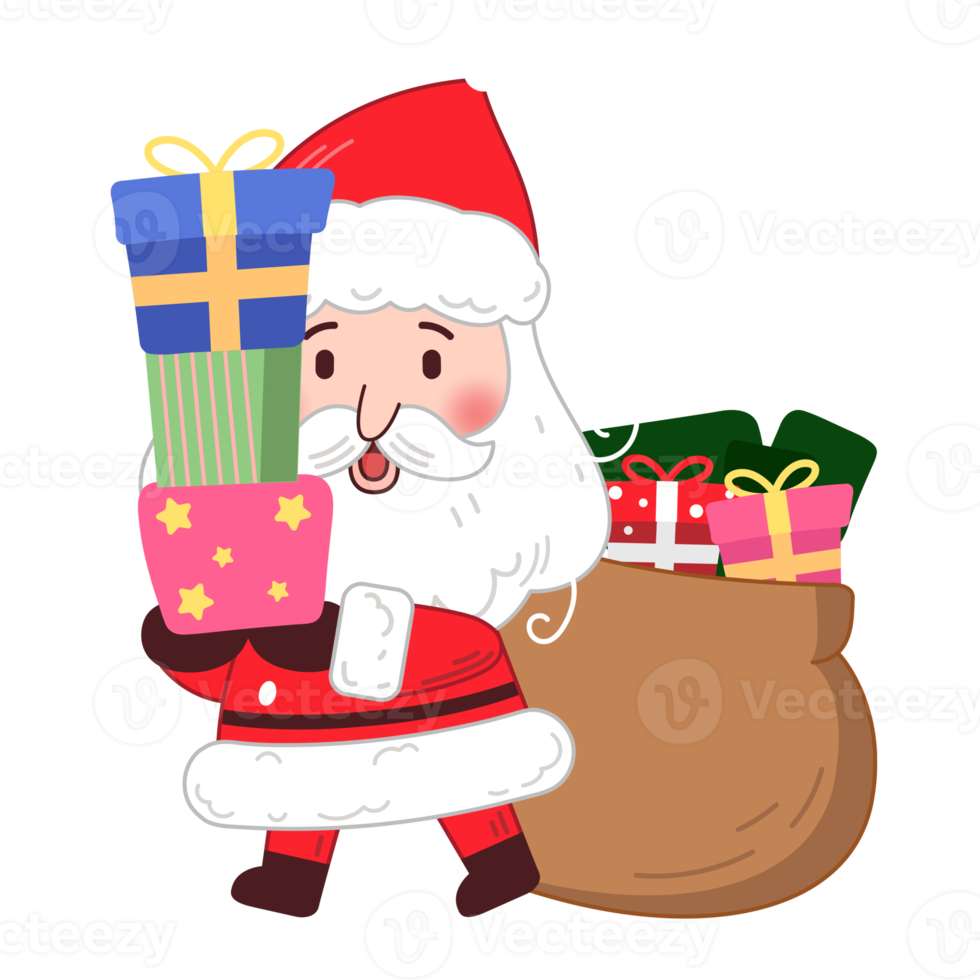 Happy Santa Claus character with presents in huge bag cartoon illustration png