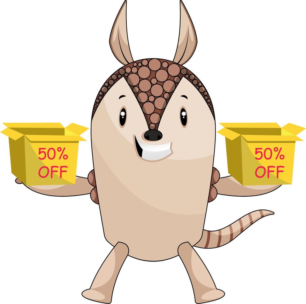 Armadillo holding sale boxes, illustration, vector on white background.