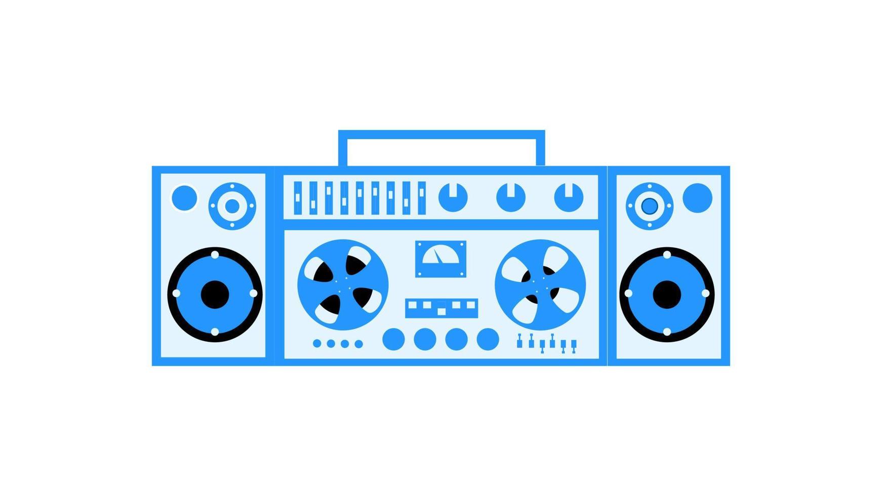 Old retro blue vintage music cassette tape recorder with magnetic tape on reels and speakers from the 70s, 80s, 90s. Beautiful icon. Vector illustration