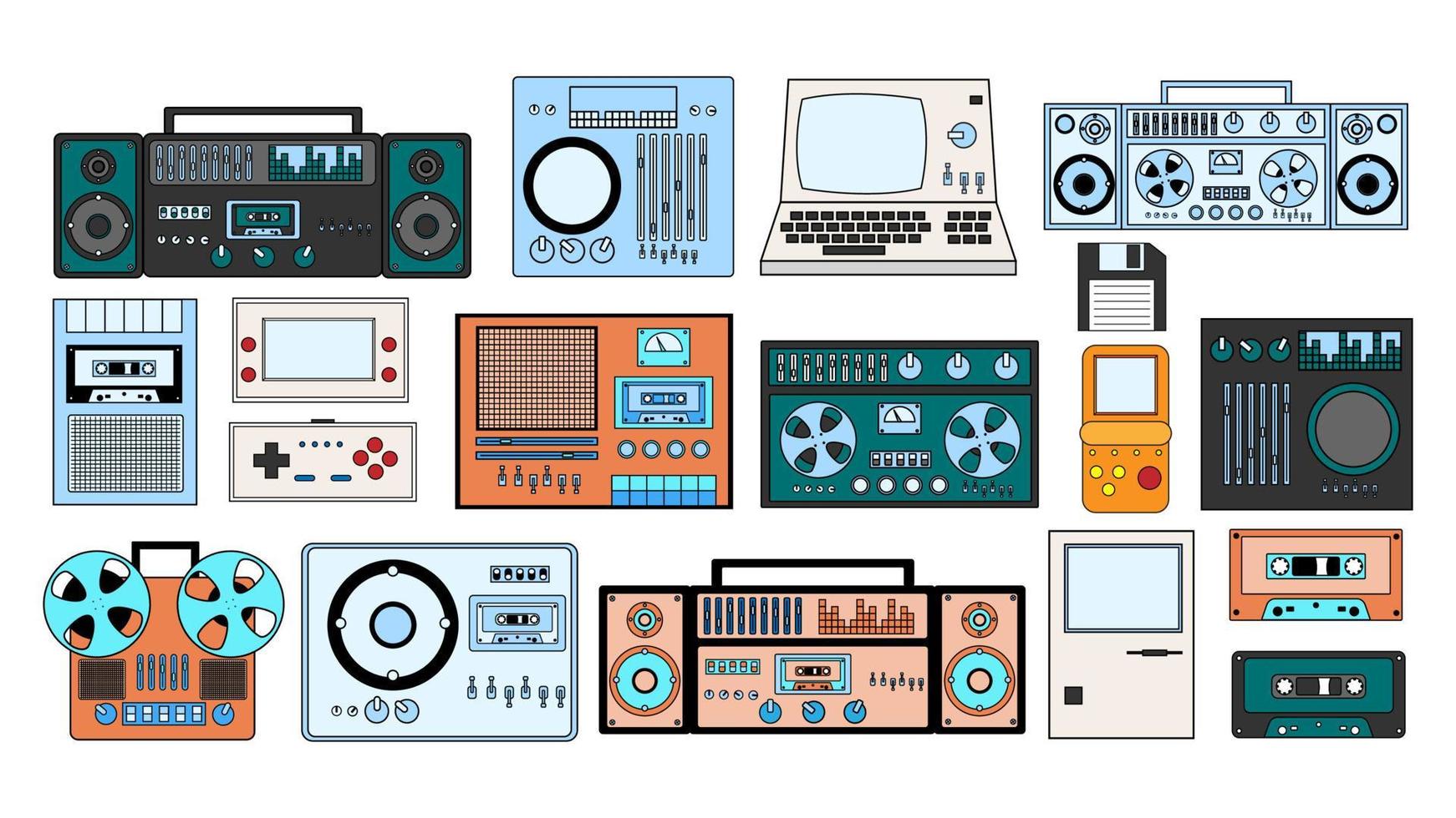 Set of old retro vintage hipster tech electronics cassette audio tape recorder, computer, game consoles for video games from the 70s, 80s, 90s. Vector illustration