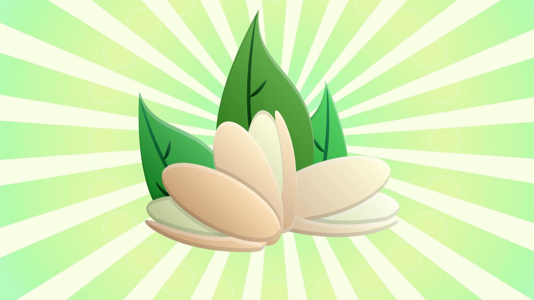 nuts on a white-green retro background, vector illustration, neon. nuts lie on the ground, under green oblong leaves. peeled pistachios. appetizer to the table, strong drinks