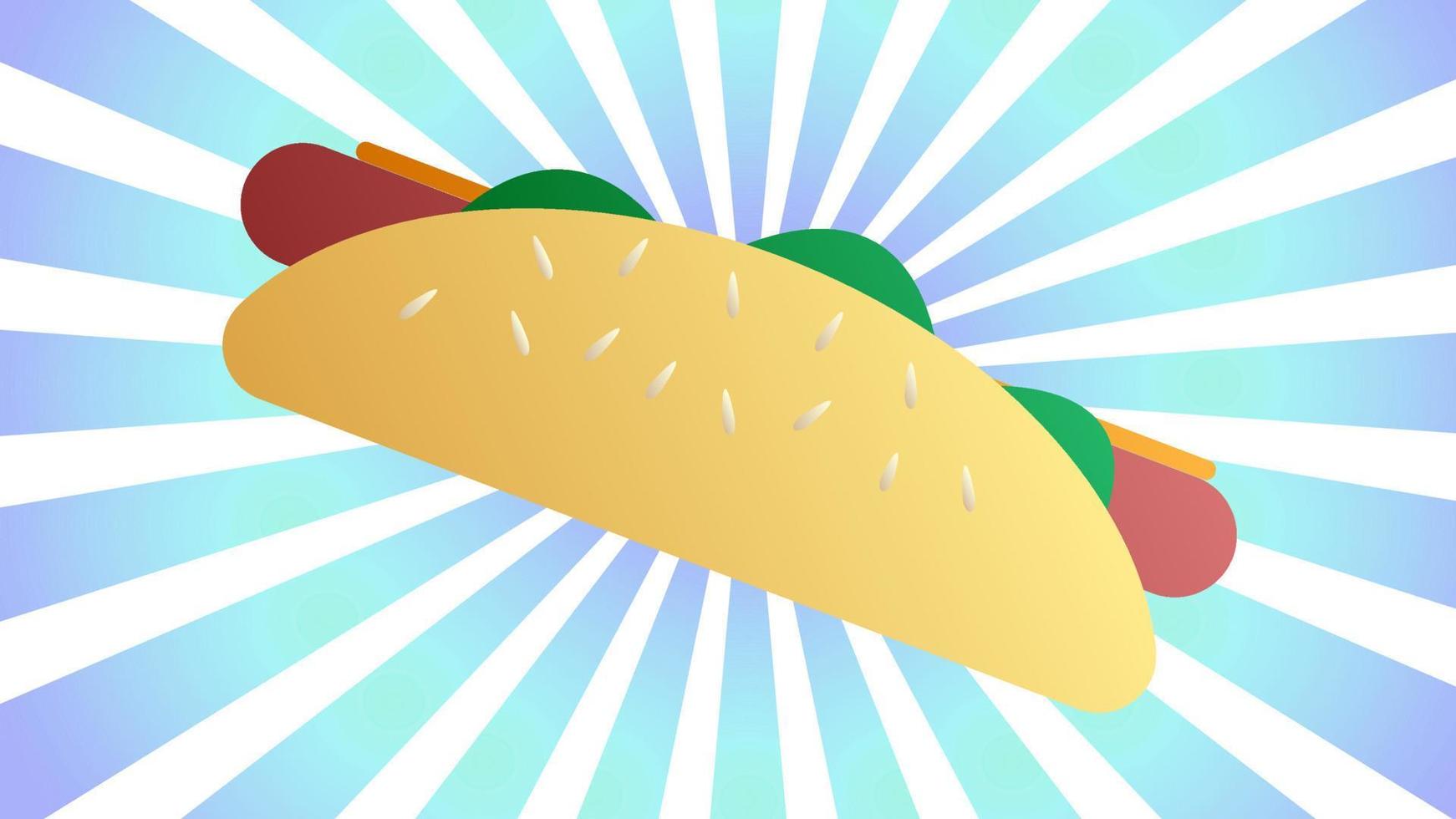 Sándwich de salchicha sobre fondo retro azul y blanco, ilustración vectorial. perrito caliente, merienda abundante, comida rápida. bollo con hierbas, mostaza, queso y carne. ilustración para decoración de comida rápida vector