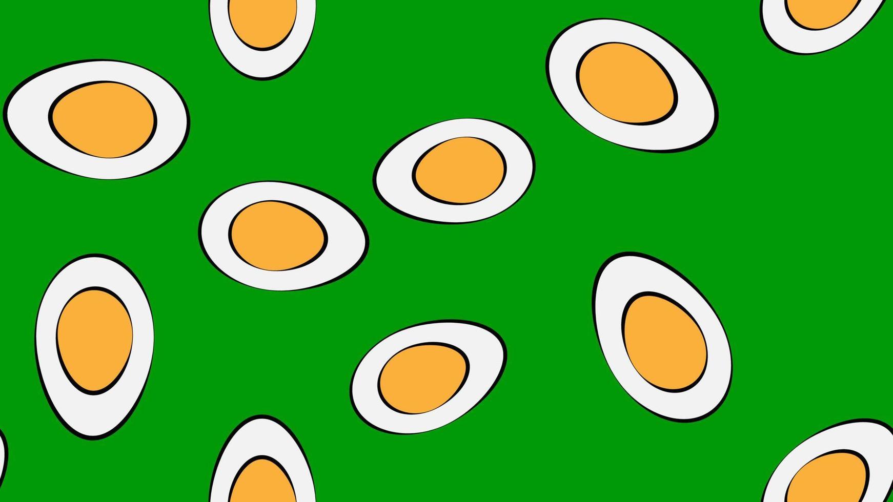 boiled egg on a green background, vector illustration, pattern. egg with yellow yolk. delicious breakfast. seamless illustration. stylish decor for cafes and restaurants