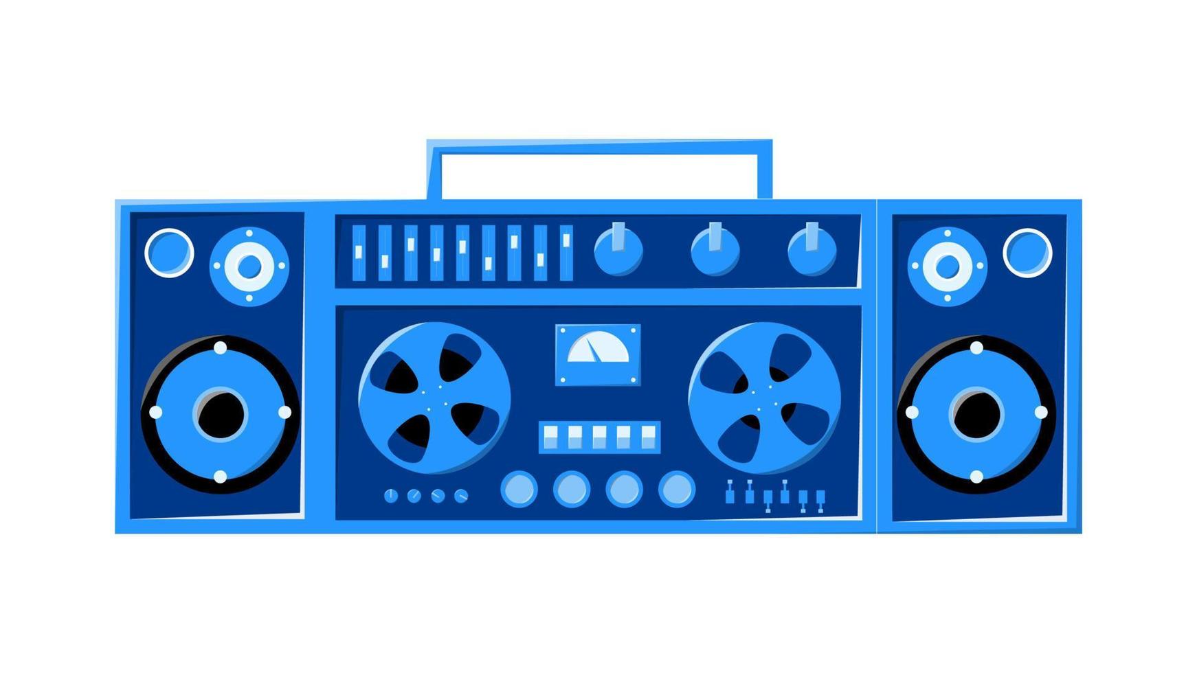 Old retro blue vintage music cassette tape recorder with magnetic tape on reels and speakers from the 70s, 80s, 90s. Beautiful icon. Vector illustration