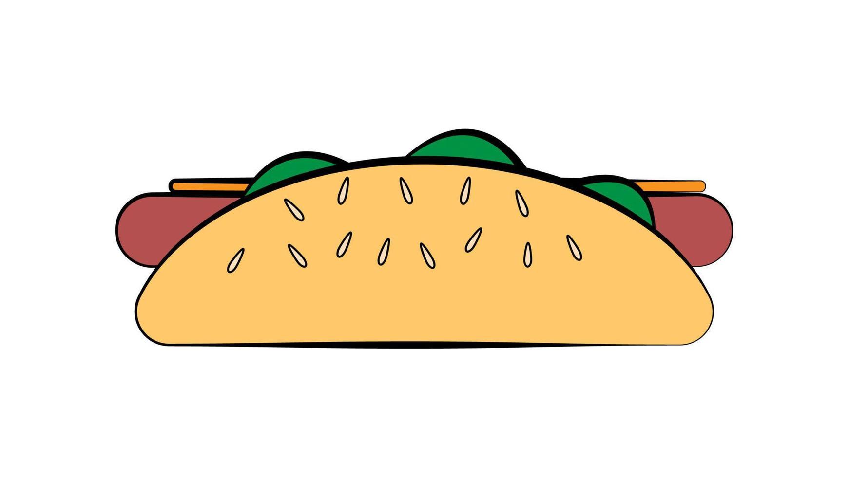 sandwich with sausage on white background, hot dog, vector illustration. sandwich, hearty snack, fast food food. bun with herbs, mustard and meat, sesame seeds on top
