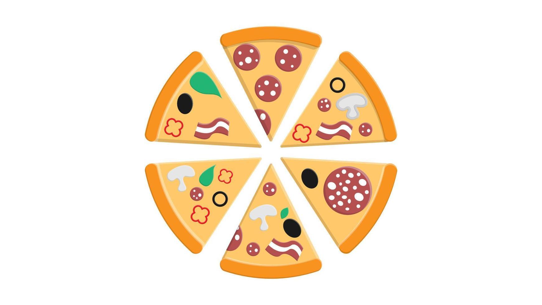 pizza con coberturas sobre un fondo blanco, ilustración vectorial. un montón de rebanadas de pizza con diferentes coberturas de salami con manteca de cerdo, aceitunas, tocino y verduras. merienda de comida rápida, comida salada vector