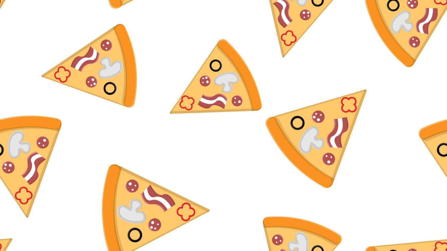 colorido patrón sin costuras con deliciosas rebanadas de pizza de pepperoni sobre fondo oscuro. sabrosa comida italiana de comida rápida. ilustración vectorial moderna para impresión textil, papel pintado, telón de fondo, papel de regalo vector